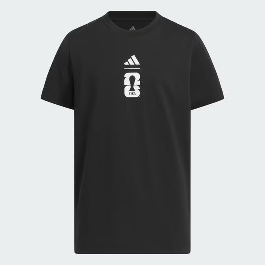 Black Adidas Coupe du Monde FIFA t-shirt laid flat, showcasing the logo and design details.