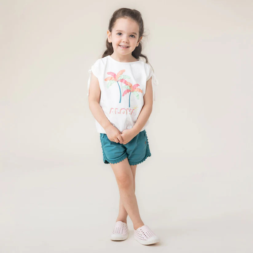 Short - Nanö en jersey doux bleu avec taille élastique à cordon coulissant sur fond clair position galerie 2