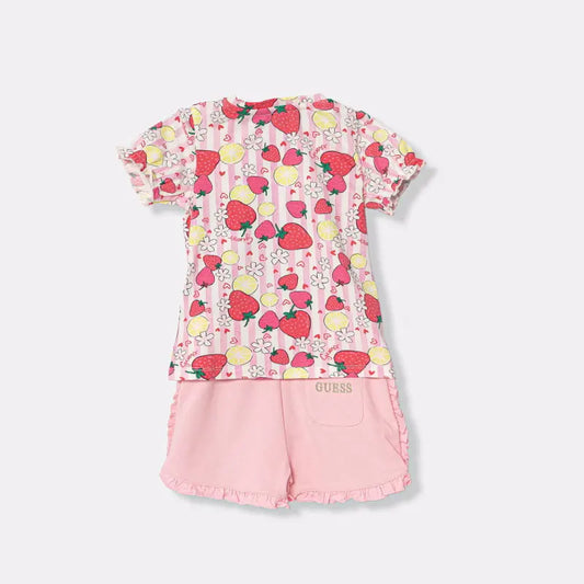 Robe + Culotte - Guess, ensemble enfant fille, haut rose à motifs fraises et citrons, short rose clair avec volants, vue de dos.