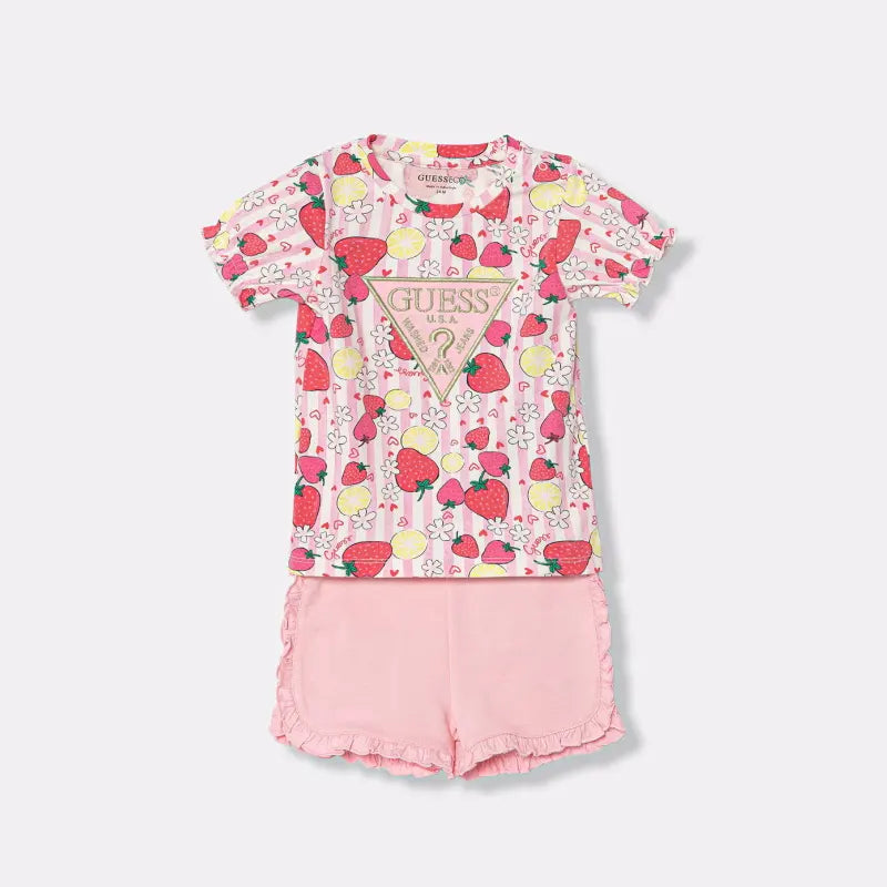 Robe + Culotte - Guess ensemble enfant rose avec motifs fraises rouges et jaunes, short à volants, vue de face, coton.
