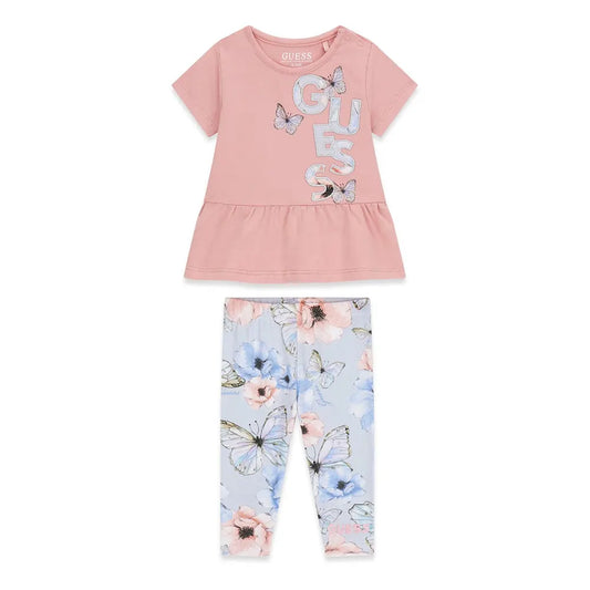 Ensemble 2 pièces - Guess avec haut rose à manches courtes et leggings bleu clair à fleurs et papillons, pour enfant, vue de face.