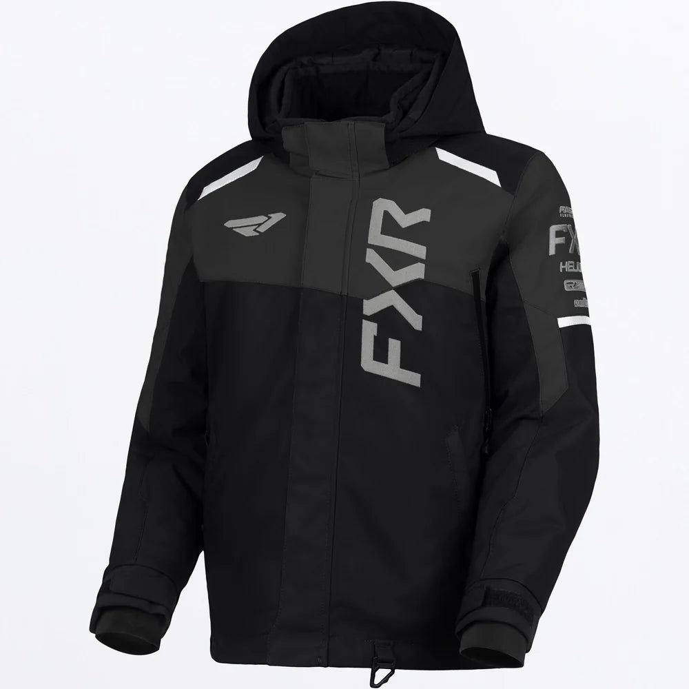 Manteau d'hiver Helium - FXR noir à capuche avec logos gris et détails blancs vue de face