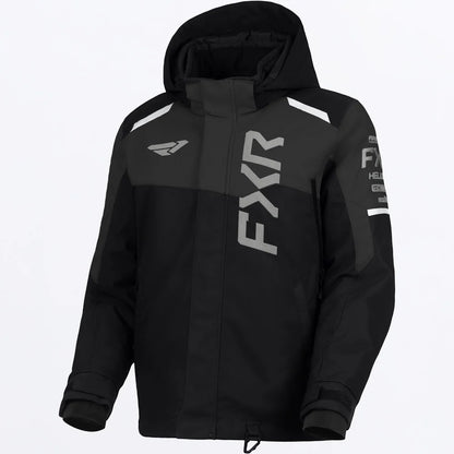 Manteau d'hiver Helium - FXR noir à capuche avec logos gris et détails blancs vue de face