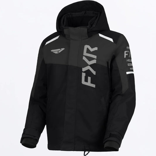 Manteau d'hiver Helium - FXR noir à capuche avec logos gris et détails blancs vue de face