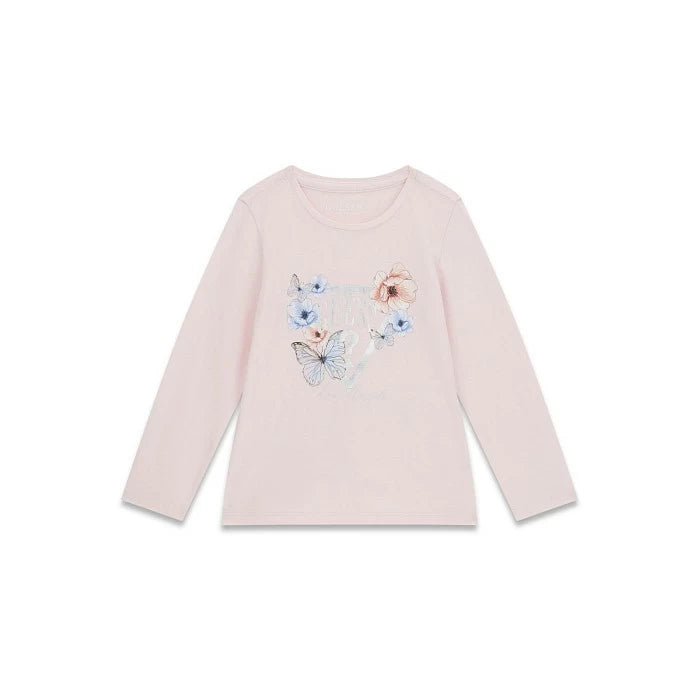 Chandail - Guess rose pâle à manches longues avec papillons bleus et fleurs, pour enfant, vue de face, coton et élasthanne.