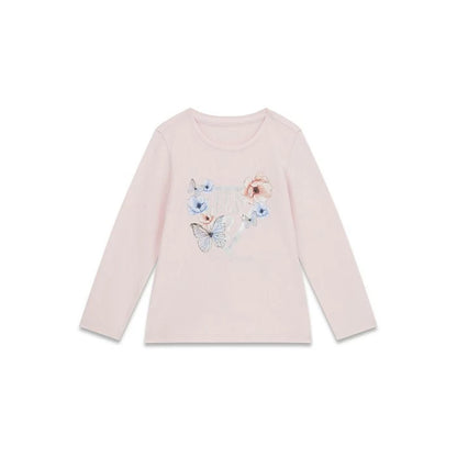 Chandail - Guess rose pâle à manches longues avec papillons bleus et fleurs, pour enfant, vue de face, coton et élasthanne.
