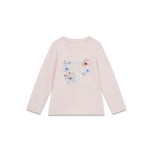 Chandail - Guess rose pâle à manches longues avec papillons bleus et fleurs, pour enfant, vue de face, coton et élasthanne.