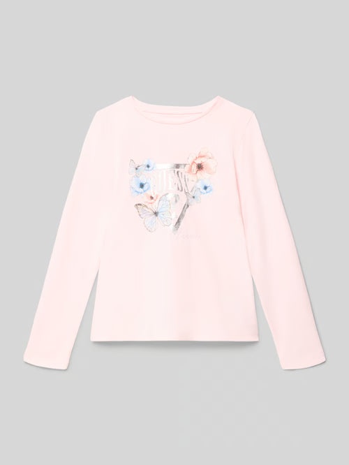 Chandail - Guess rose clair à manches longues avec fleurs bleues, papillon et logo, en coton et spandex, vue de face