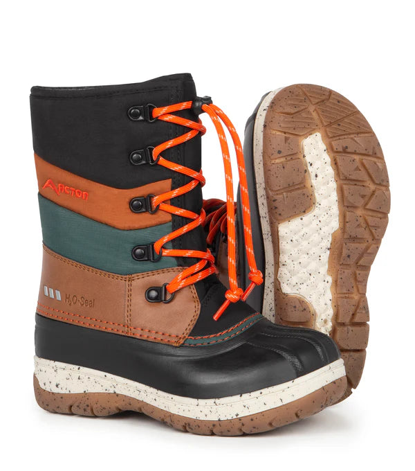 Bottes d'hiver Gummy - Acton garçon noires, marron et vert avec lacets orange, cuir synthétique et nylon, vue de face et semelle dessous