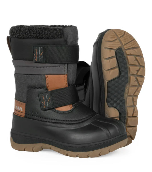 Bottes d'hiver Taffy - Acton pour garçon noir et gris en cuir synthétique et nylon, semelle antidérapante, vue de profil et dessous
