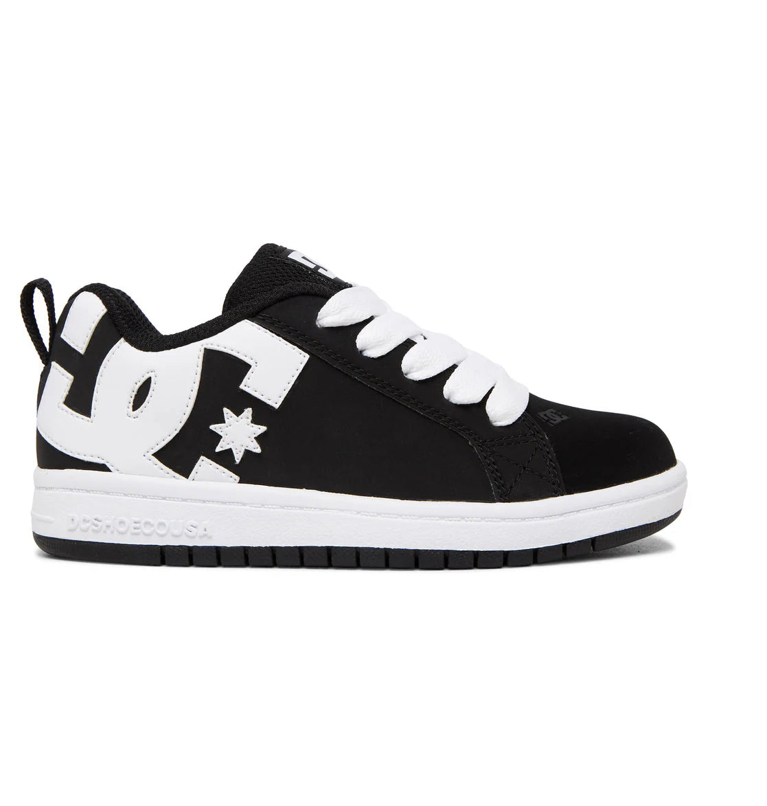 Chaussures Court Graffik - DC noires et blanches en cuir synthétique, style basket basse, vue de profil côté extérieur.
