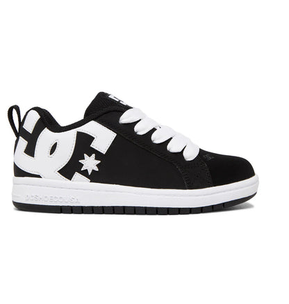 Chaussures Court Graffik - DC noires et blanches en cuir synthétique, style basket basse, vue de profil côté extérieur.