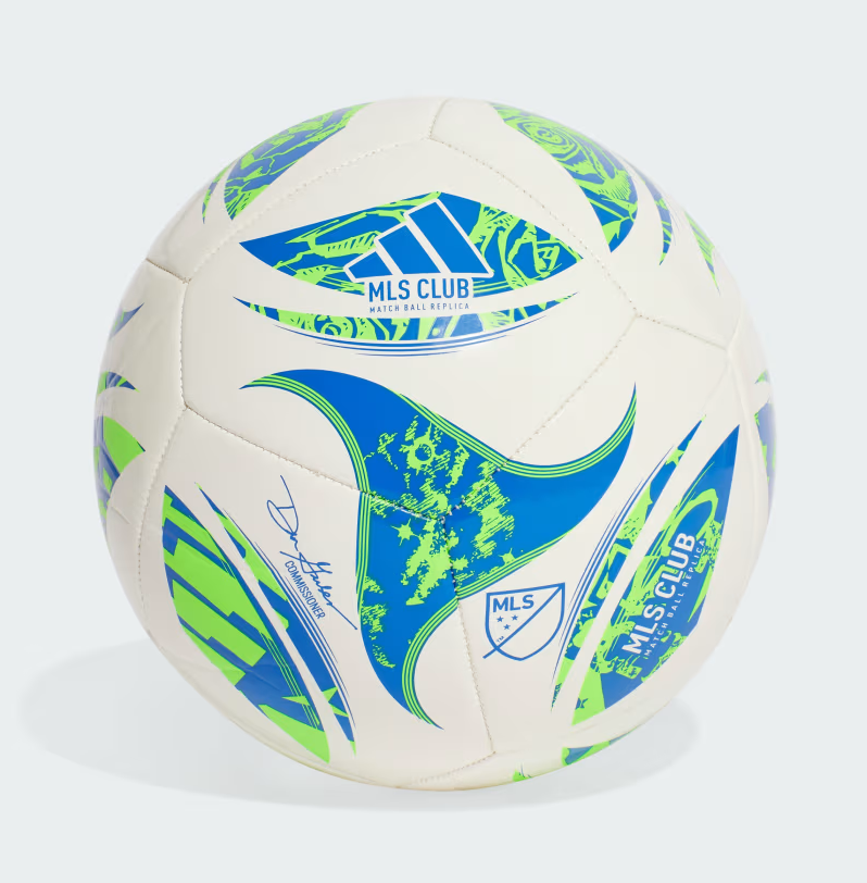 Ballon de soccer - Adidas blanc avec motifs bleus et verts, construction cousue, vue de face.