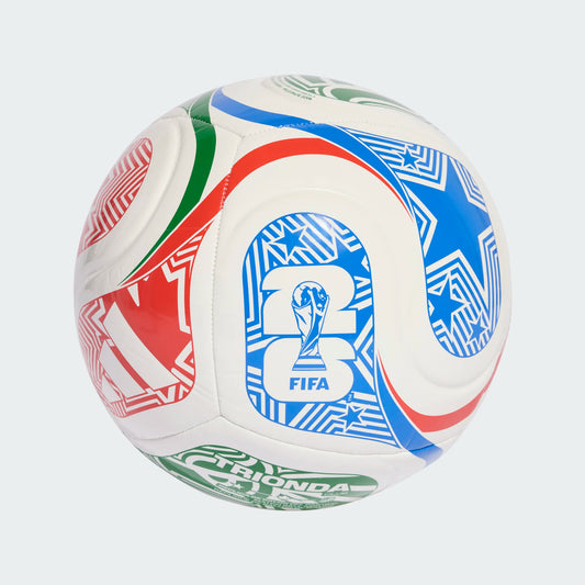 Ballon de soccer Trionda FIFA 26 - Adidas blanc avec motifs rouges, verts et bleus, vue de côté détaillée.