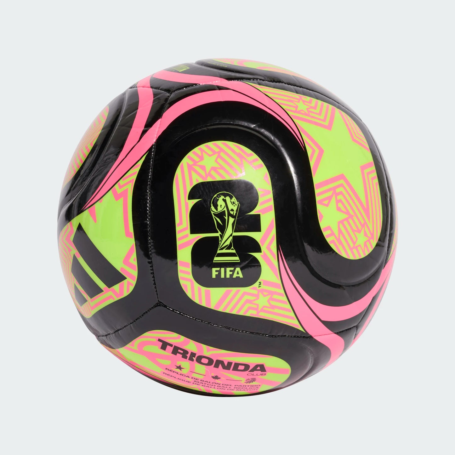Ballon de soccer FIFA - Adidas jaune fluo et rose avec motifs noirs, surface synthétique, vue en angle rapproché
