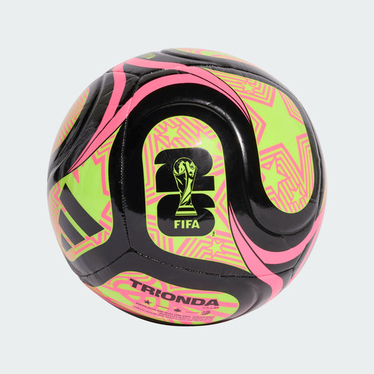 Ballon de soccer FIFA - Adidas jaune fluo et rose avec motifs noirs, surface synthétique, vue en angle rapproché