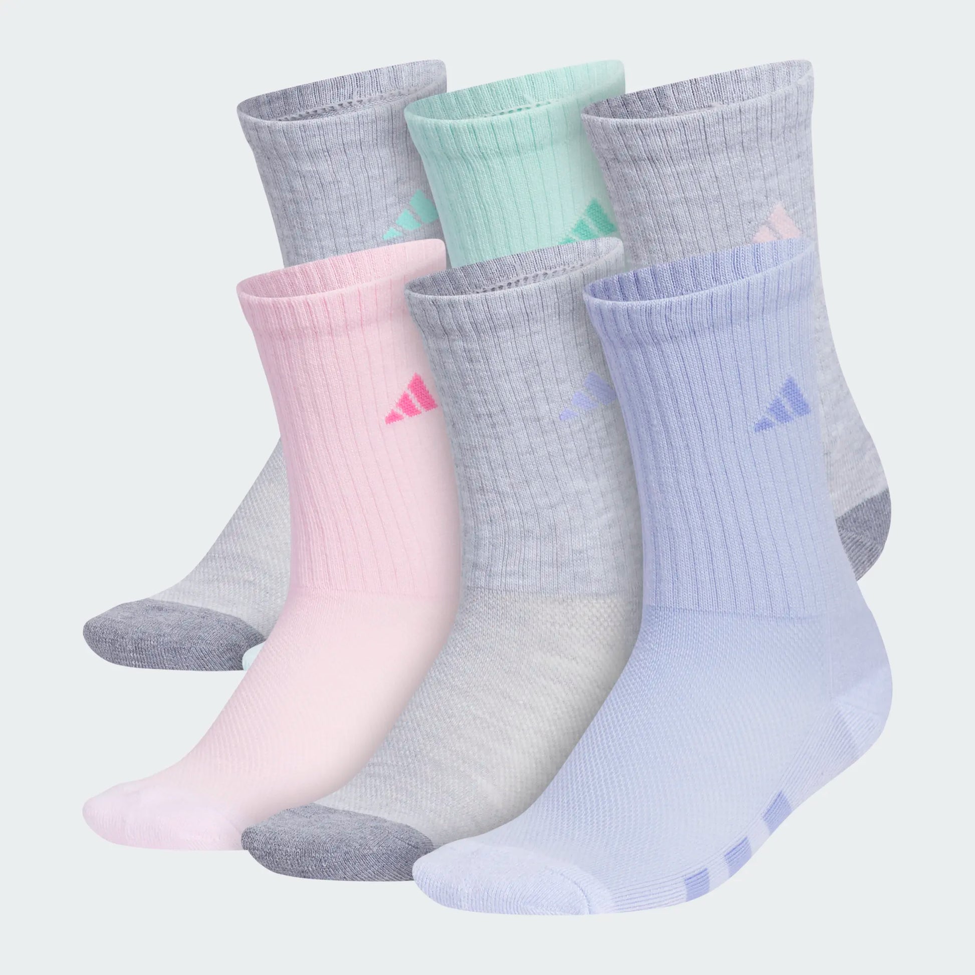 6 Paires de bas - Adidas pour fille, couleurs pastel gris, rose, vert, violet, maille côtelée, vue de côté