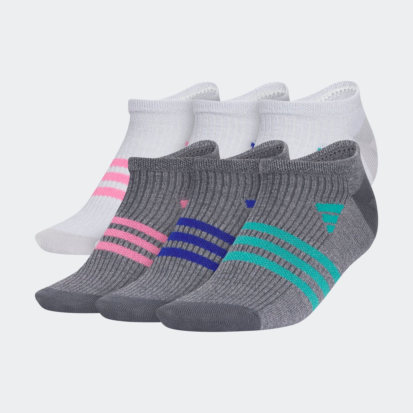 6 Paires de bas - Adidas, chaussettes basses en coton gris avec bandes colorées et blanches, pour enfant, vue de côté.