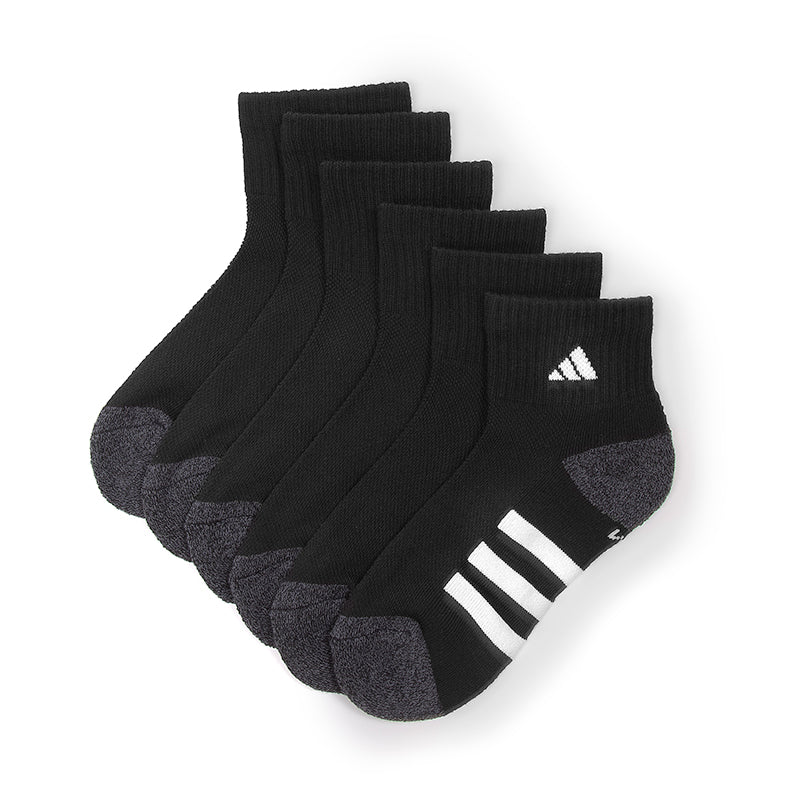 6 Paires de bas - Adidas noirs avec bout et talon gris foncé, motifs blancs, pour enfant, vue de face.