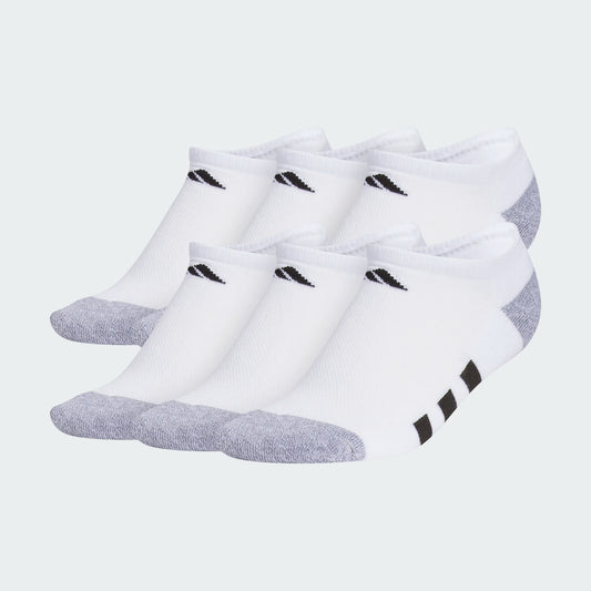 6 Paires de bas - Adidas blancs et gris en coton, motifs noirs, taille junior, vue de côté sur fond clair