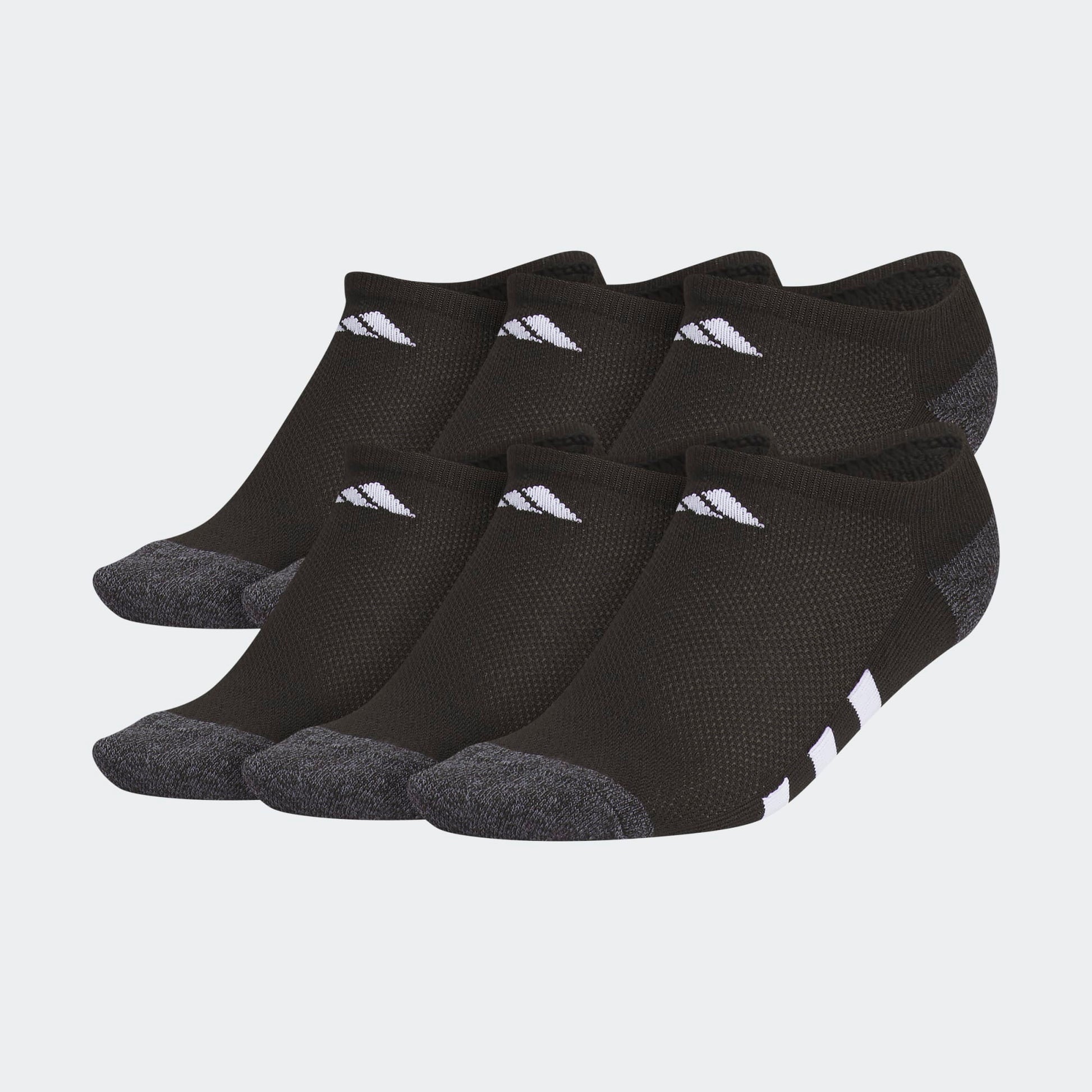 6 Paires de bas - Adidas noirs avec renforts gris en polyester et spandex, coupe basse, vue de côté regroupée