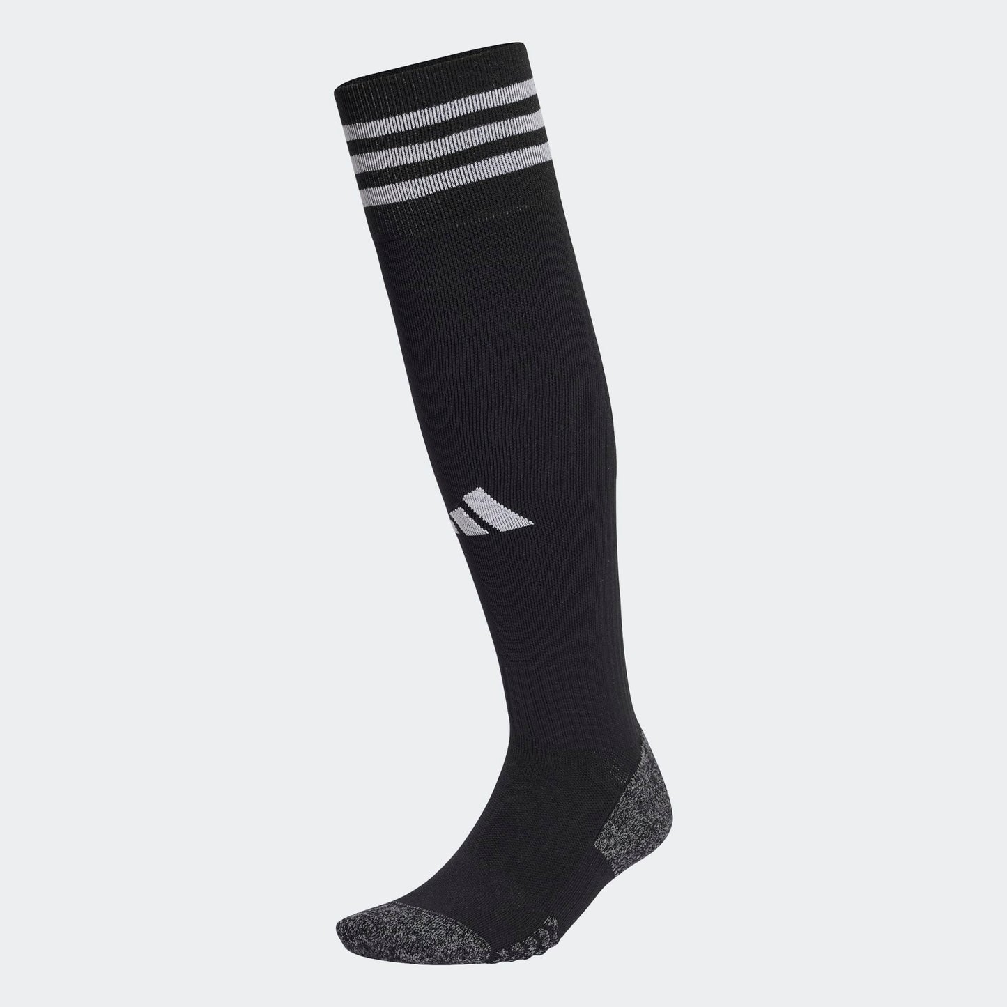 Bas de soccer - Adidas noir avec détails gris clair et logo blanc, tissu mixte polyester coton élasthane, vue de profil.
