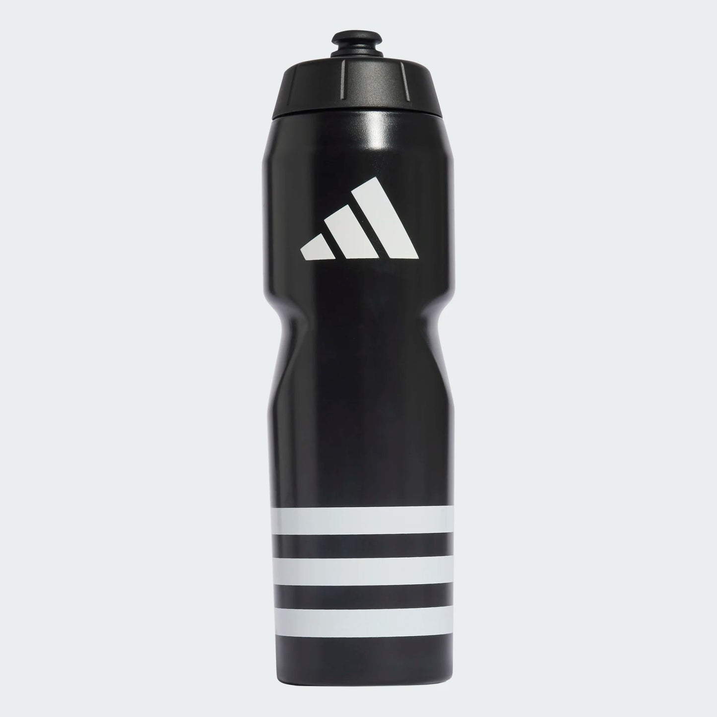 Bouteille - Adidas noire avec logo blanc et traits blancs en bas, en plastique, vue de face, pour enfant sportif