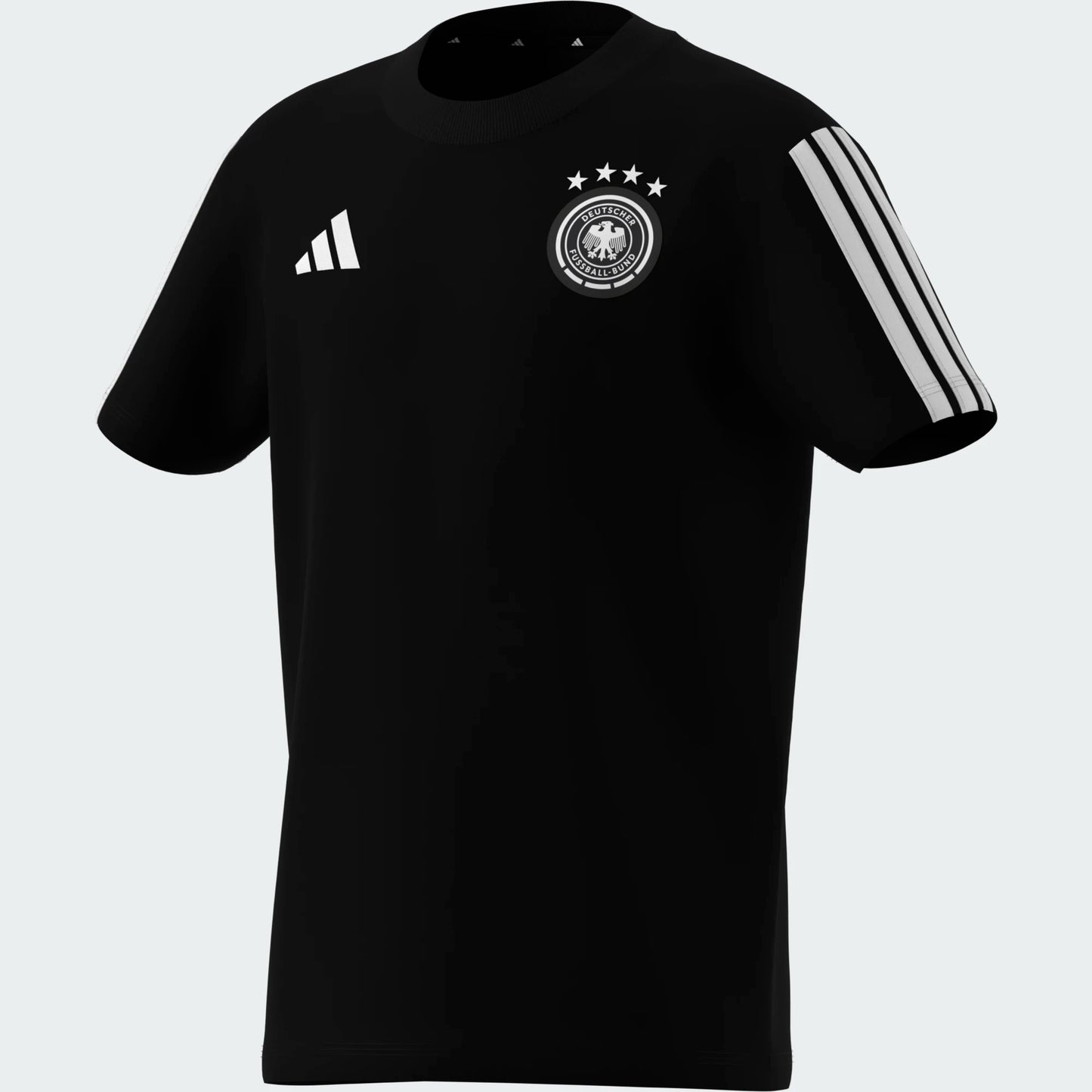 T-Shirt Allemagne - Adidas noir en coton avec logo et étoiles blanches, manches courtes à bandes, pour garçon, vue de profil droit