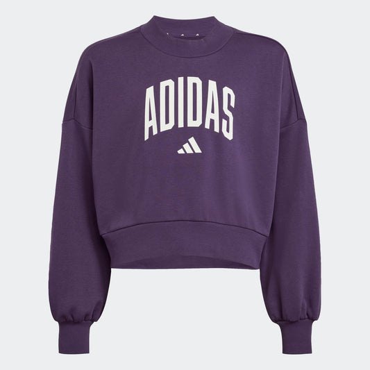 Chandail - Adidas violet à col montant et logo blanc, manches longues bouffantes, pour fille, vue de face.