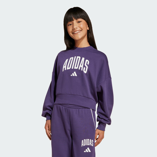 Chandail - Adidas violet en coton polyester recyclé, col rond, manches longues, pour fille, porté sur mannequin de face.