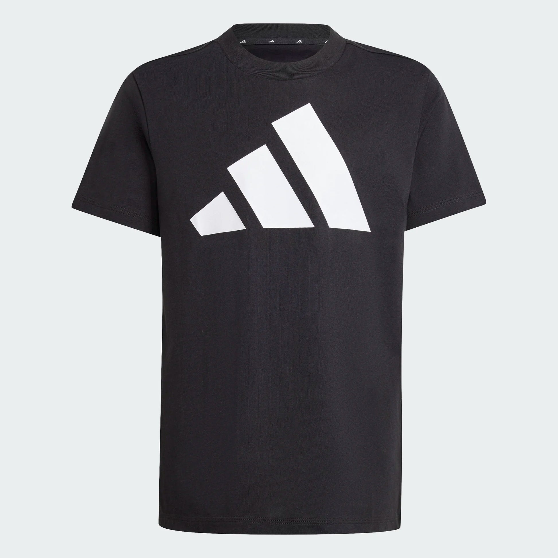 T-Shirt - Adidas noir en coton avec grand logo blanc, manches courtes, pour garçon, vue de face.
