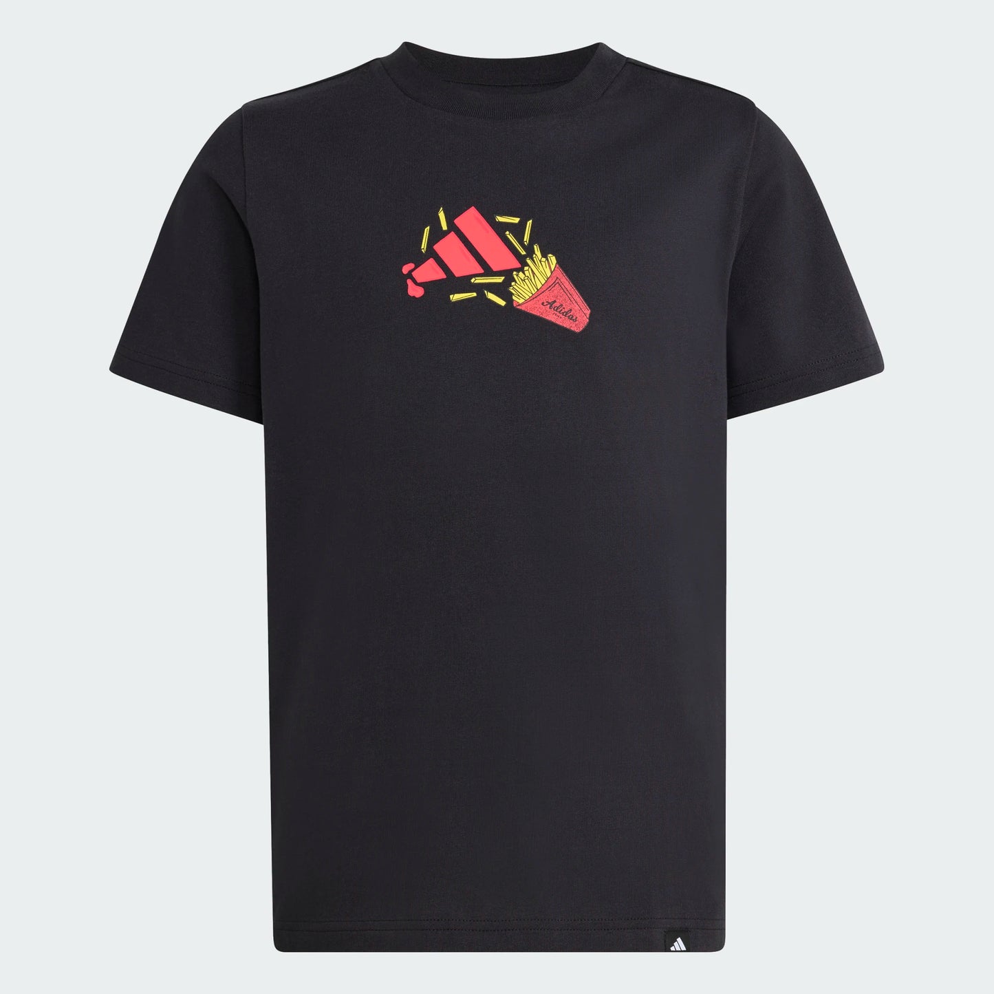 T-Shirt - Adidas noir en coton avec imprimé frites rouges et jaunes, style garçon, vue de face.