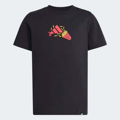 T-Shirt - Adidas noir en coton avec imprimé frites rouges et jaunes, style garçon, vue de face.