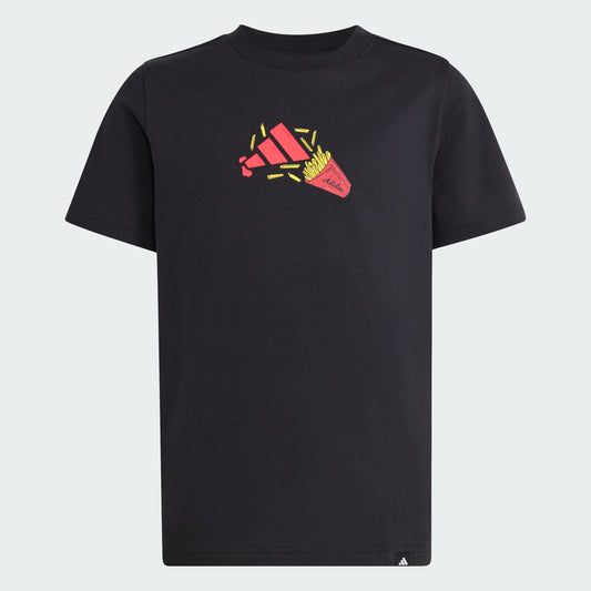 T-Shirt - Adidas noir en coton avec imprimé frites rouges et jaunes, style garçon, vue de face.