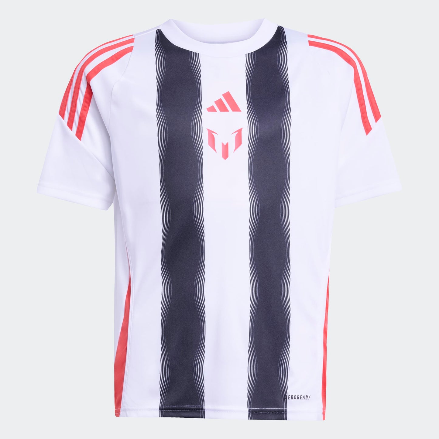 Jersey Messi - Adidas blanc avec bandes noires et détails rouges, en polyester recyclé, pour garçon, vue de face.