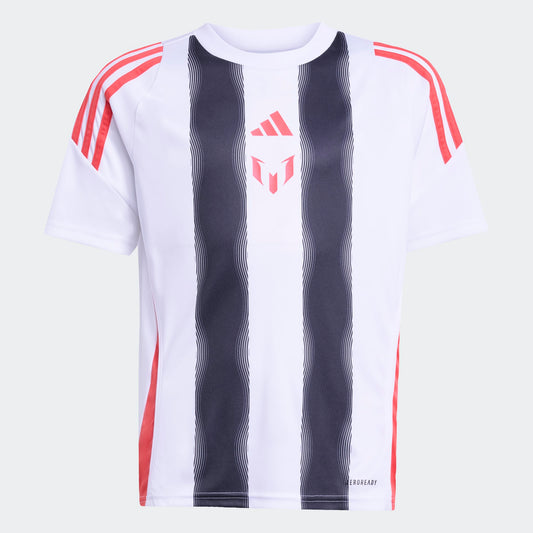 Jersey Messi - Adidas blanc avec bandes noires et détails rouges, en polyester recyclé, pour garçon, vue de face.