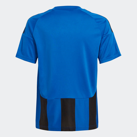 T-Shirt - Adidas bleu royal avec bandes noires bas dos, manches courtes, polyester, pour garçon, vue de dos