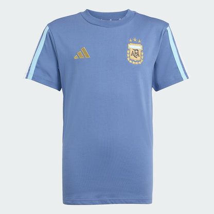 T-Shirt Argentina - Adidas bleu clair en coton avec bandes bleu ciel aux manches et logo doré, vue de face enfant.
