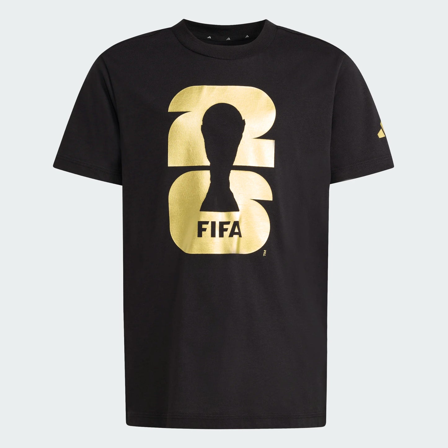 T-Shirt FIFA World Cup 2026 - Adidas noir en coton 100% avec logo doré, style garçon, vue de face simple.
