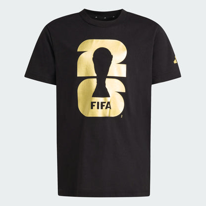 T-Shirt FIFA World Cup 2026 - Adidas noir en coton 100% avec logo doré, style garçon, vue de face simple.