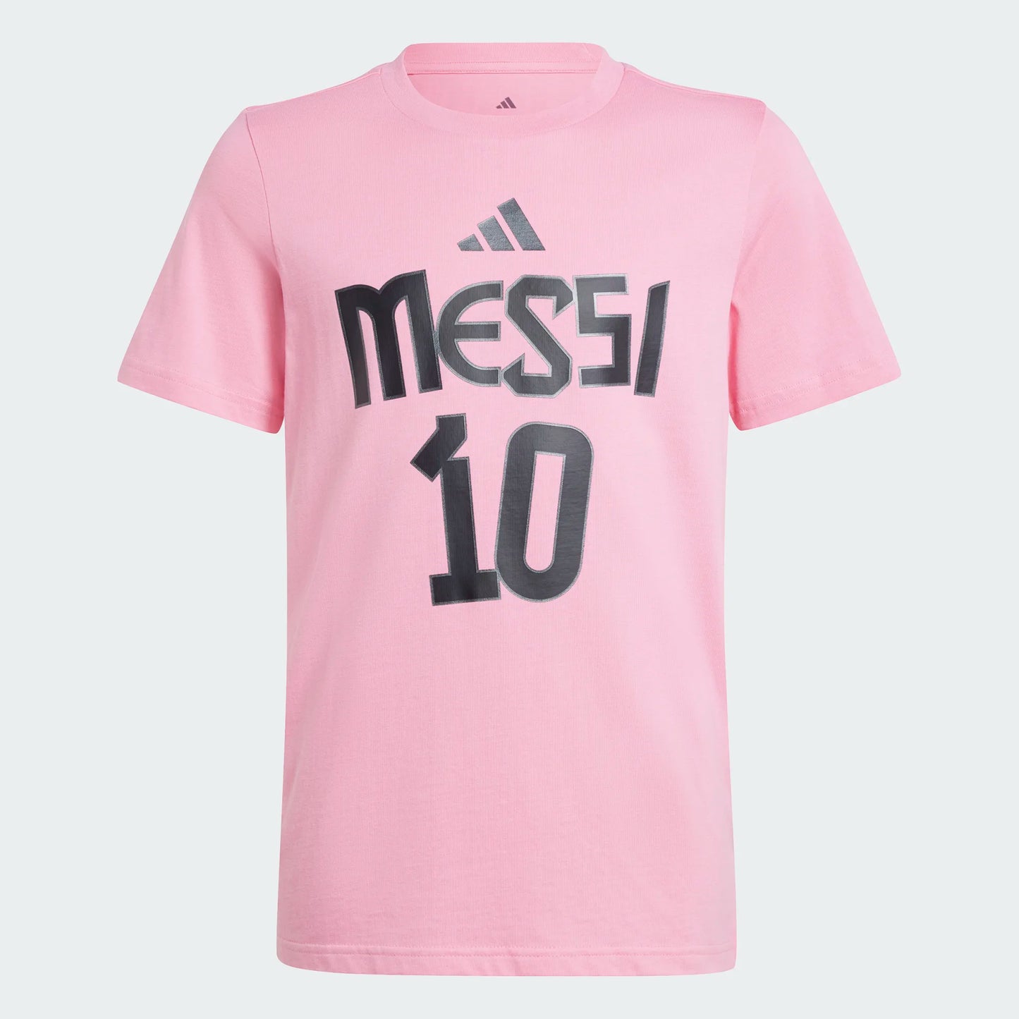 T-Shirt - Messi rose clair en coton avec logo noir devant, col rond, manches courtes, pour enfant, vue de face