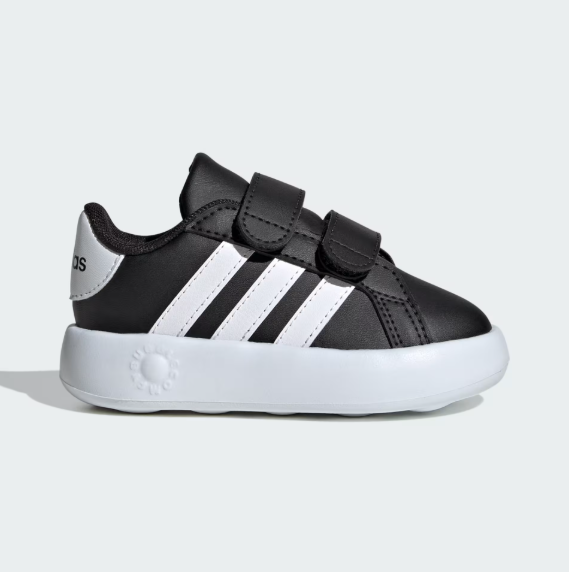Chaussures Grand Court 2.0 - Adidas noires à scratchs, bandes blanches, semelle blanche, synthétique, enfant, vue de profil gauche.