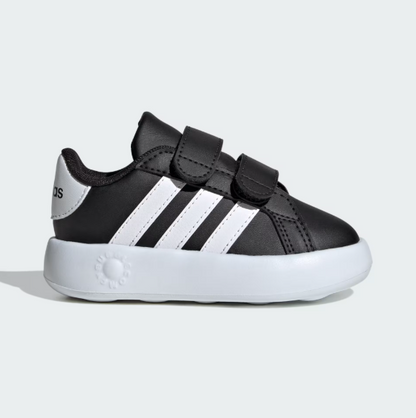 Chaussures Grand Court 2.0 - Adidas noires à scratchs, bandes blanches, semelle blanche, synthétique, enfant, vue de profil gauche.