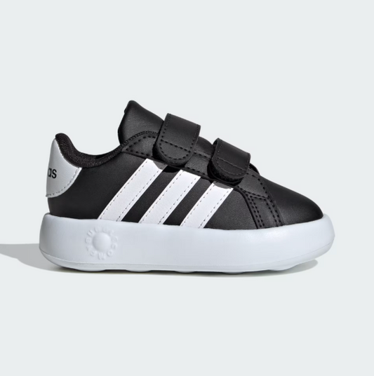 Chaussures Grand Court 2.0 - Adidas noires à scratchs, bandes blanches, semelle blanche, synthétique, enfant, vue de profil gauche.