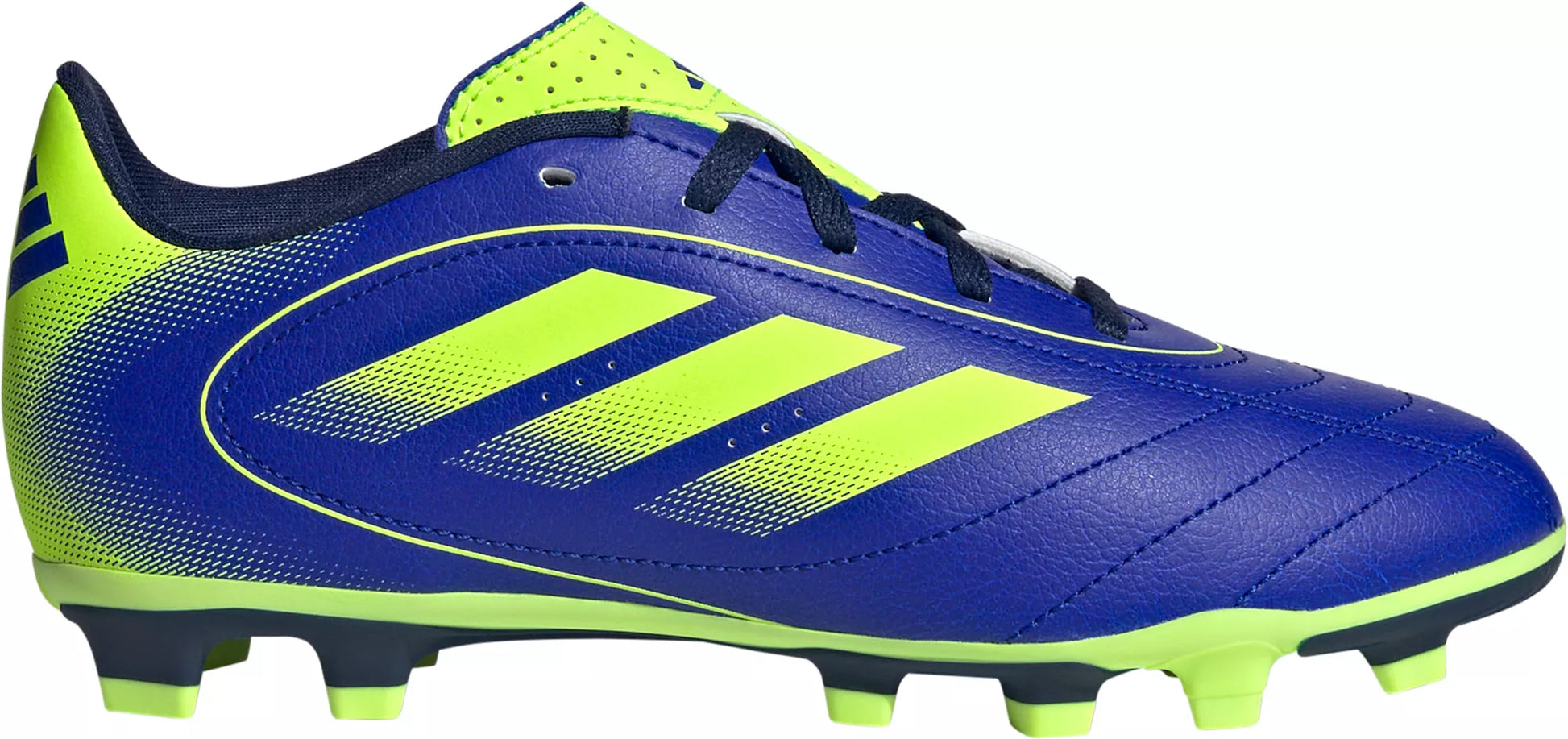 Chaussures de soccer - Goletto IX FG Adidas bleues et jaunes, cuir synthétique, semelle crampons, pour garçon, vue de profil droit