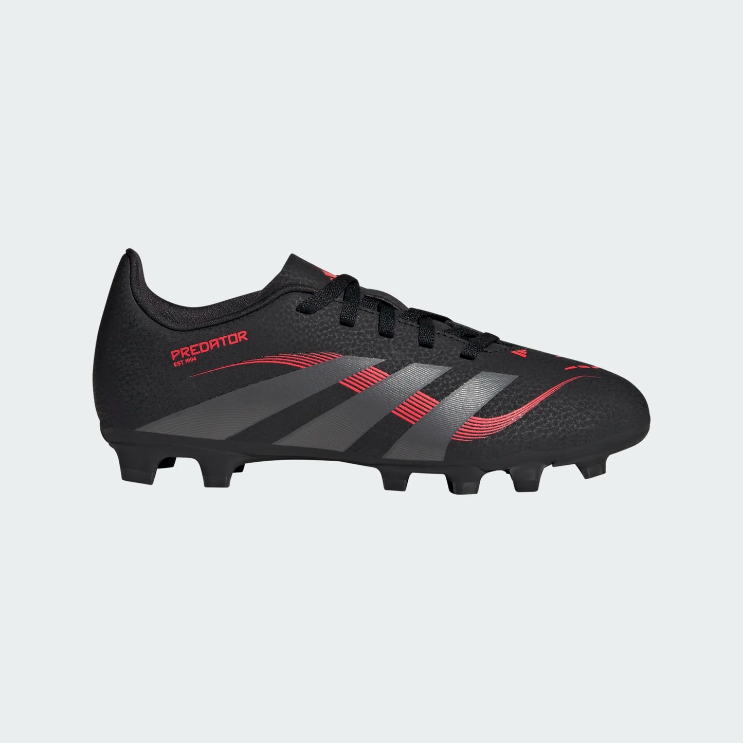 Chaussures de soccer - Predator Club GF Adidas noires et rouges, tige synthétique, crampons moulés, pour enfant, vue de profil droit