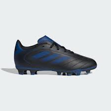 Chaussures de soccer - Goletto IX FG Adidas noires et bleues, semelle crampons, pour garçon, vue de profil droit