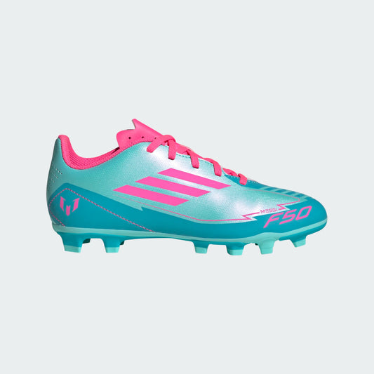 Chaussures de soccer - F50 Club FG Adidas bleu turquoise et rose, empeigne synthétique, pour fille, vue de profil droit
