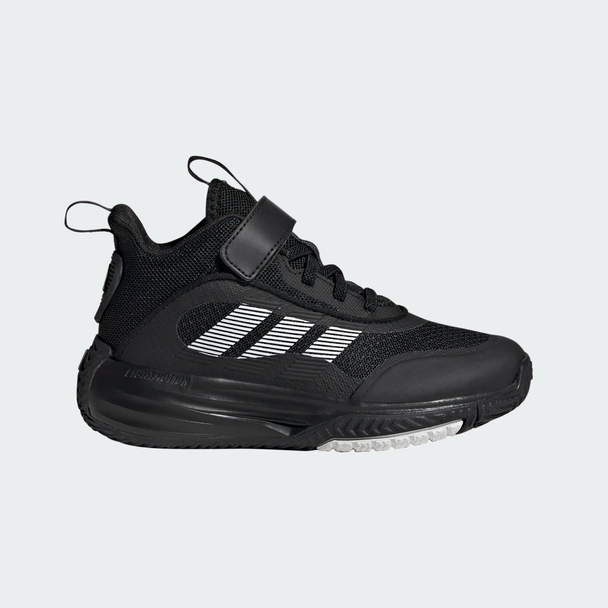 Espadrilles - OWNTHEGAME 3.0 K Adidas noires avec détails blancs, mesh respirant, scratch, pour garçon, vue de profil droit