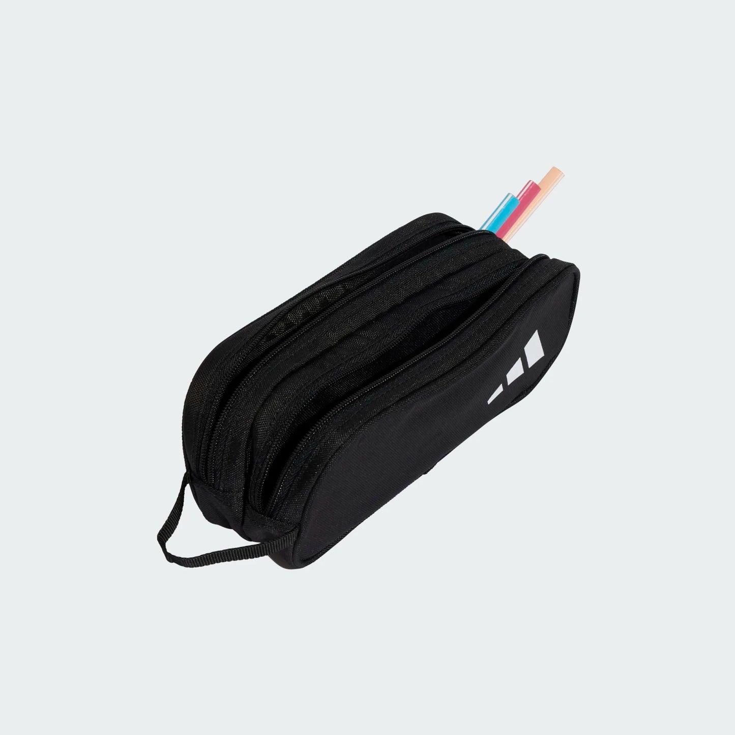 Étui à crayons - Adidas noir en toile polyester avec double zip, design simple et fonctionnel pour enfant, vue de côté légèrement ouvert
